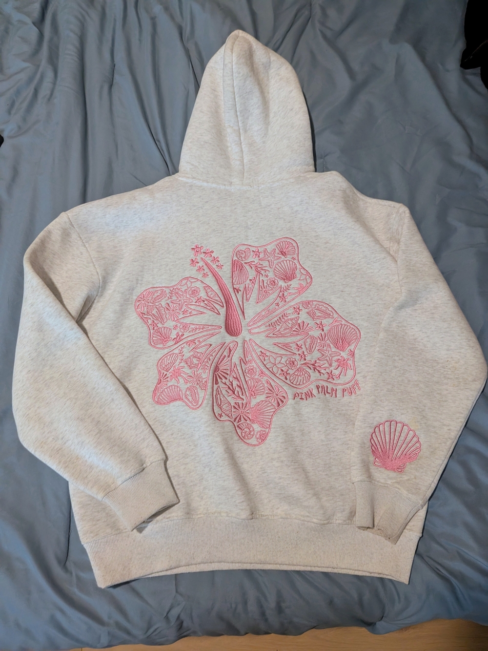 Pink Palm Puff "Hawaii Hibiscus" Hoodie in Heather Cloud